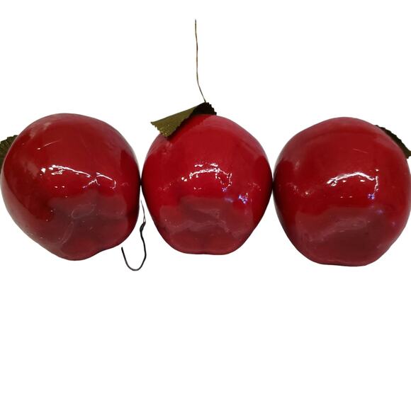 Vintage Red Apple Christmas Ornaments Light Weight Shiny Red Apples Green Silk - Picture 6 of 9